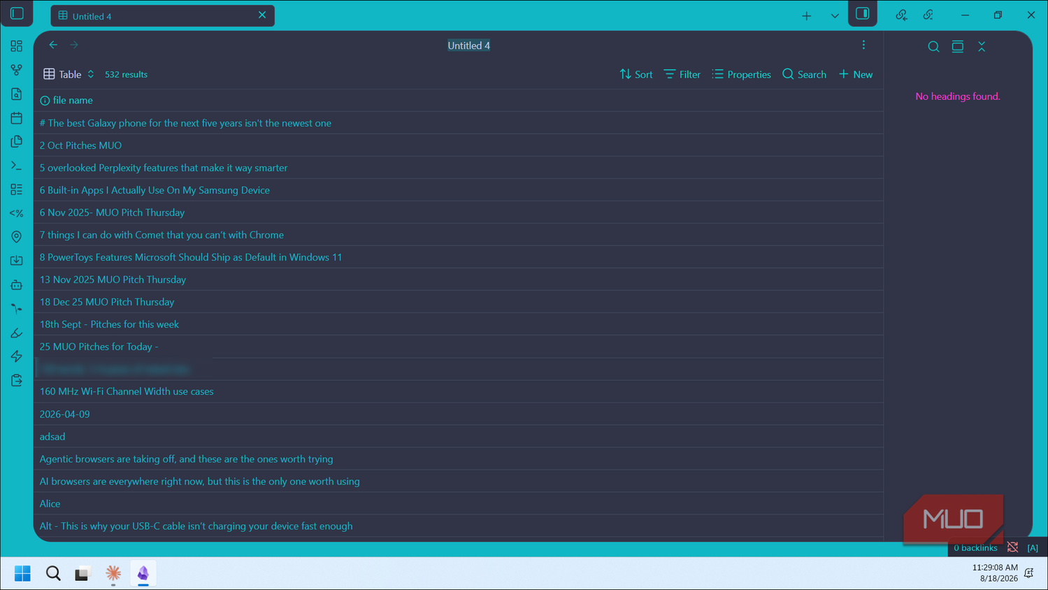obsidian database table with 532 article results and file listings