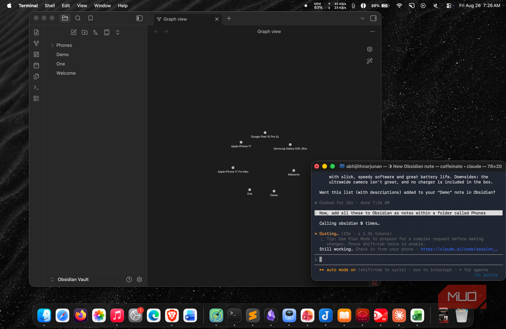 obsidian showing the graph view with the terminal on the right side