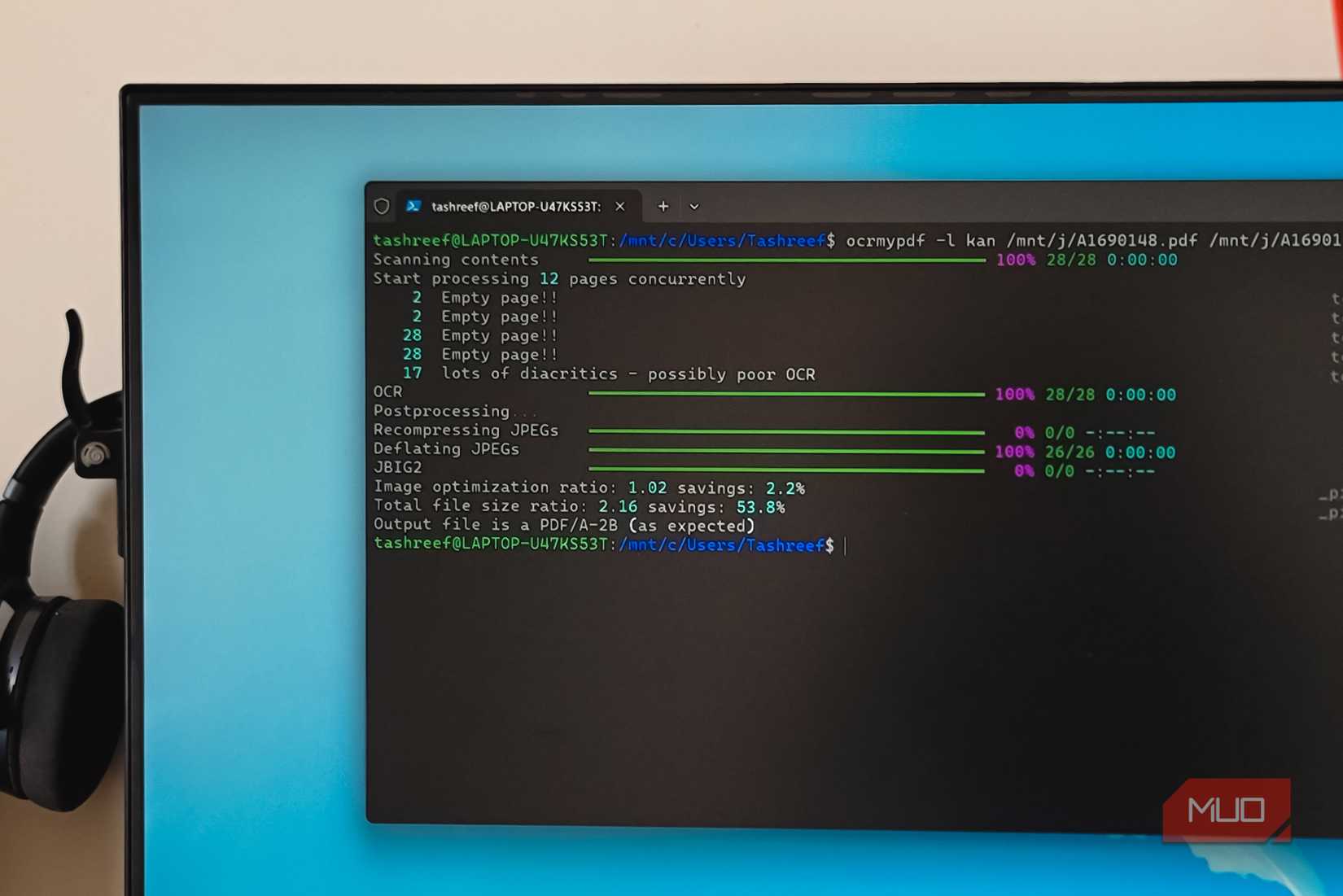Ocrmypdf Processing Pdf On Wsl Terminal Benq Monitor