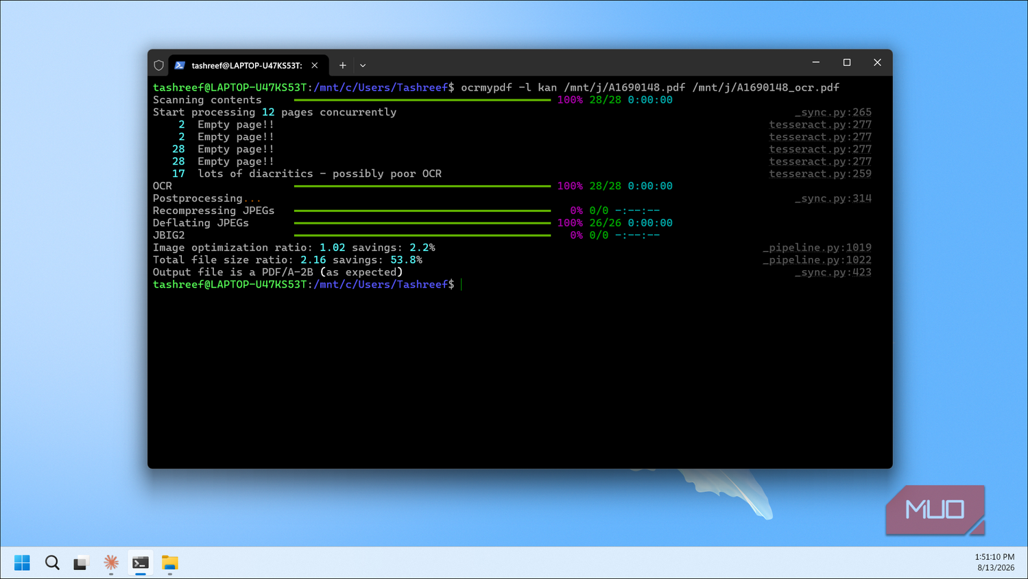Ocrmypdf Processing Pdf With Ocr And Image Optimization On Wsl Terminal