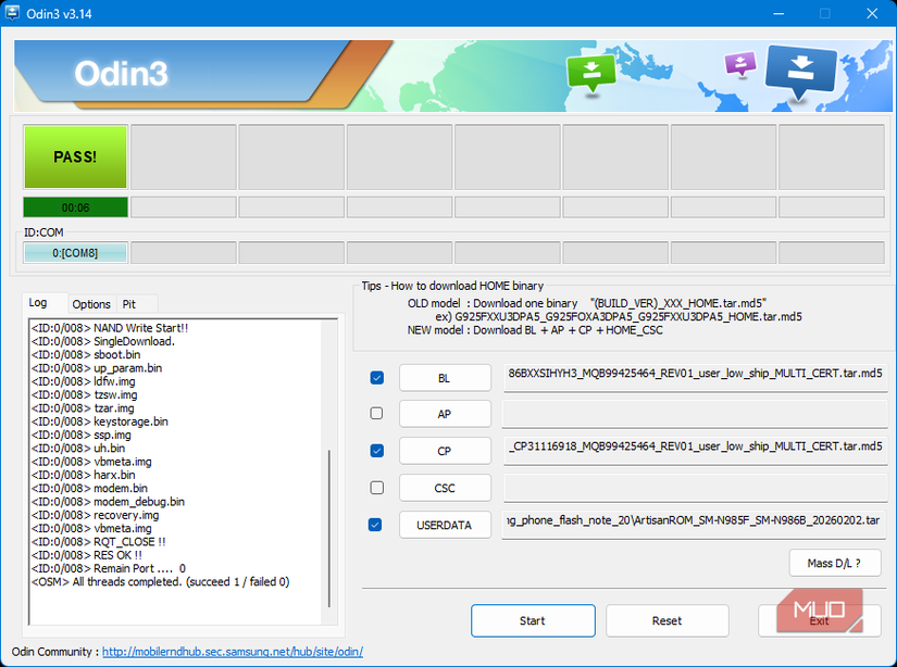 Odin building and installing ArtisanROM recovery, BL and CP