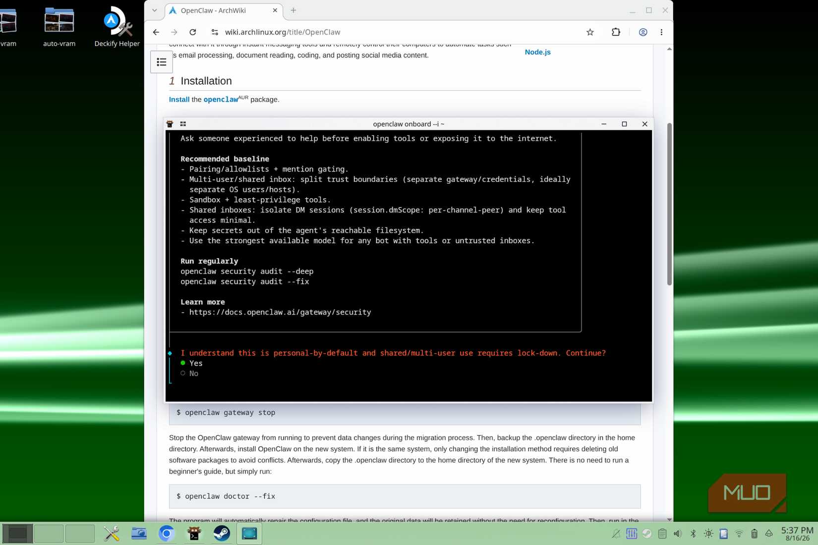 Installing OpenClaw on Arch LInux