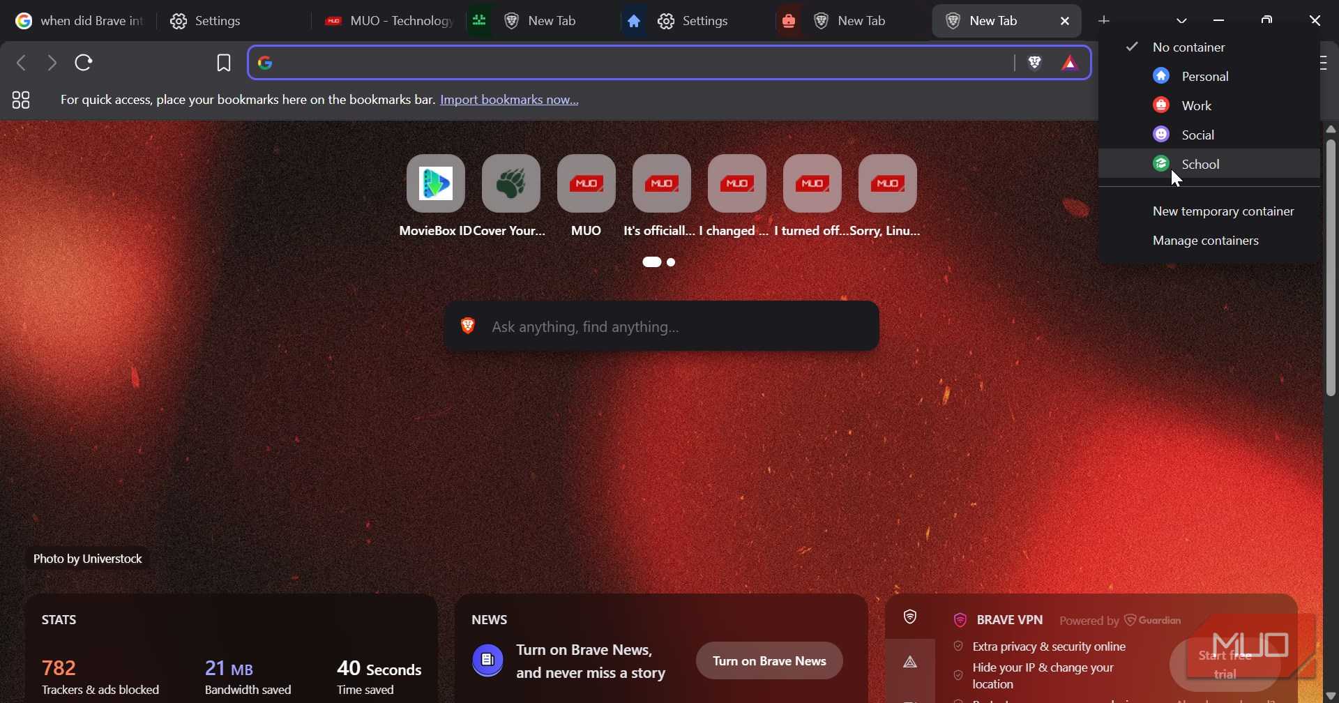 Opening Brave containers from new tab