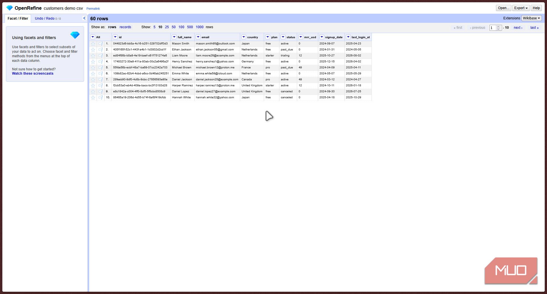 OpenRefine filter page.