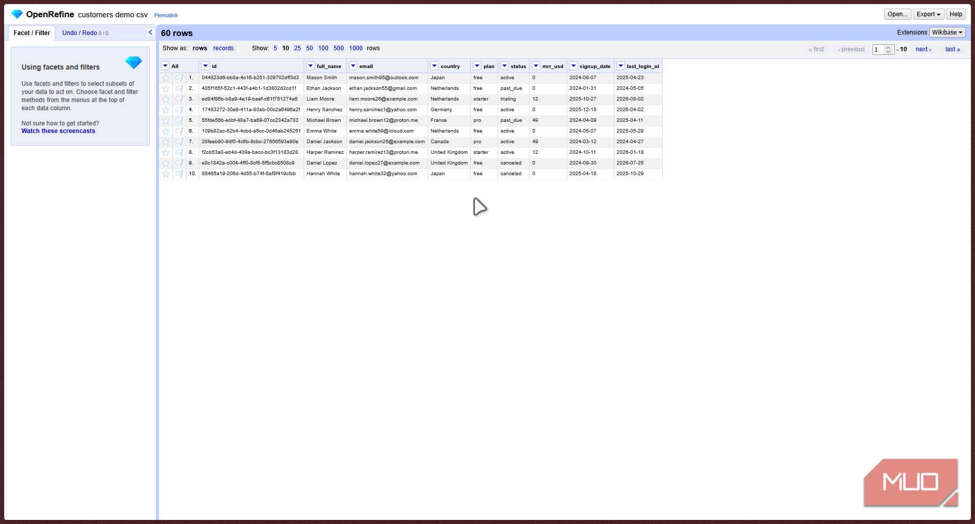 OpenRefine filter page.