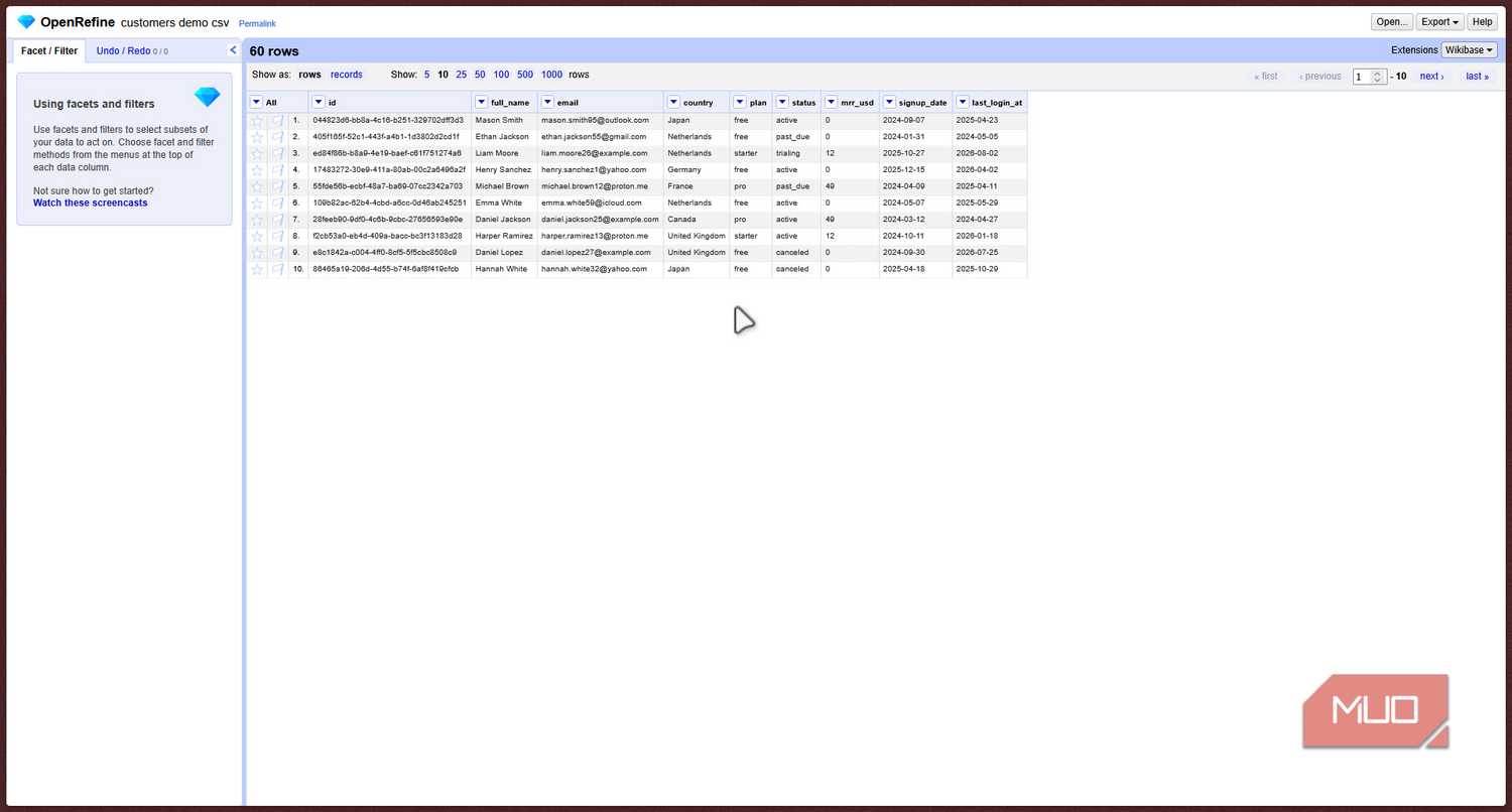 OpenRefine filter page.