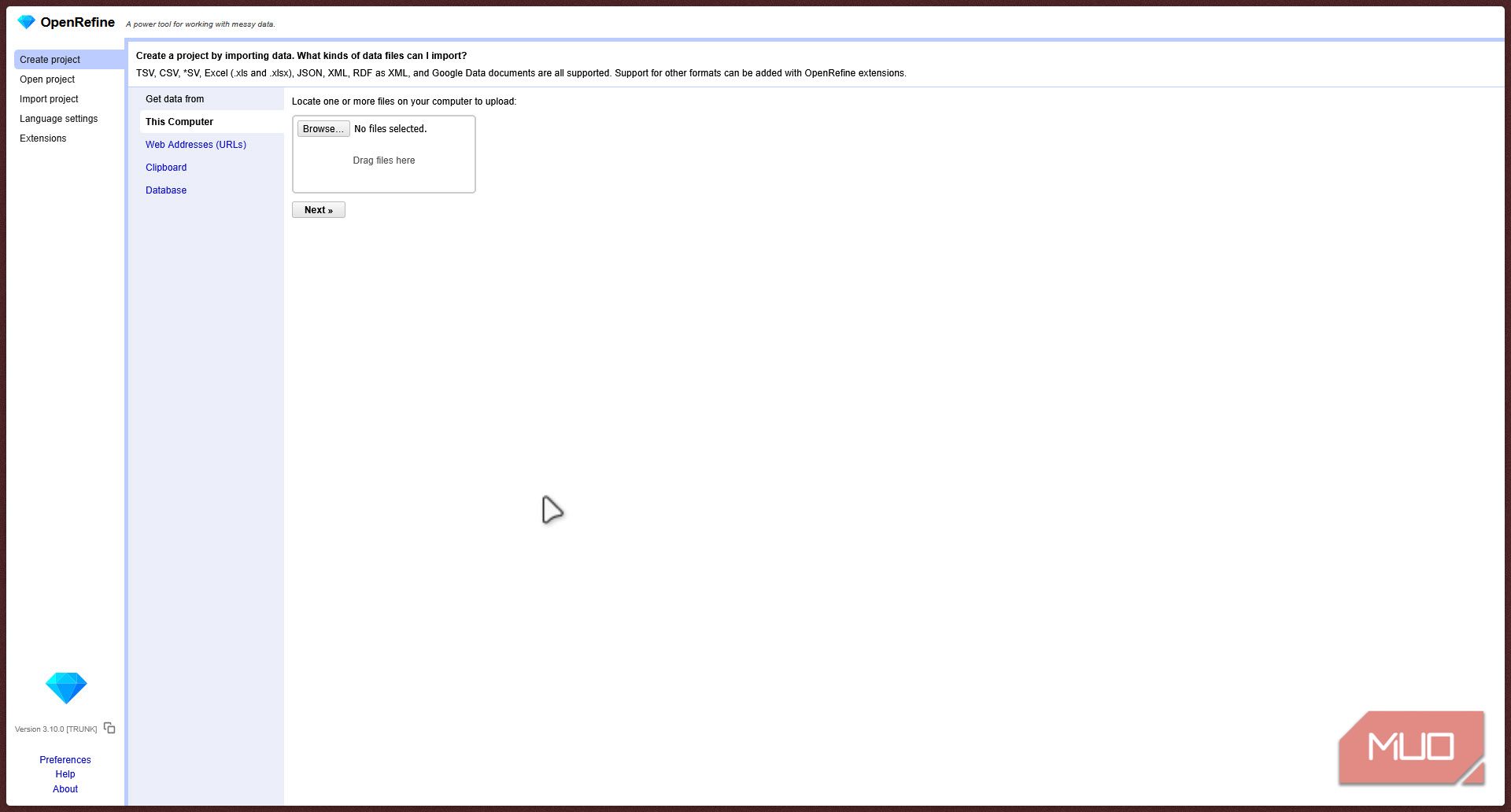 OpenRefine Home page in browser