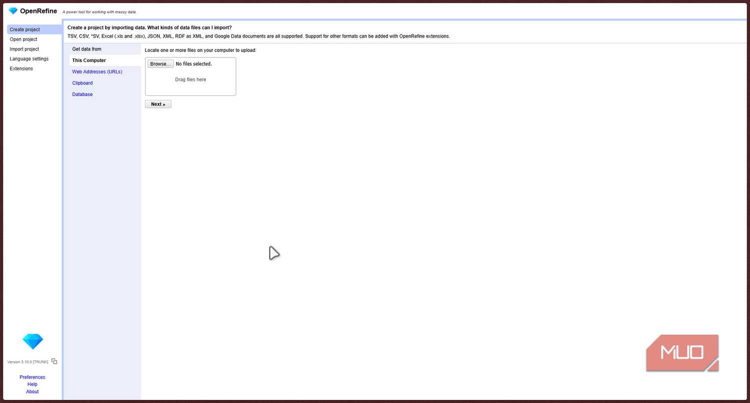 OpenRefine Home page in browser