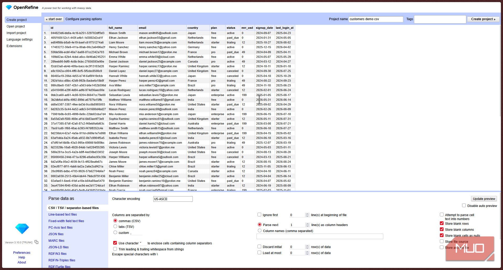 OpenRefine parsing options.