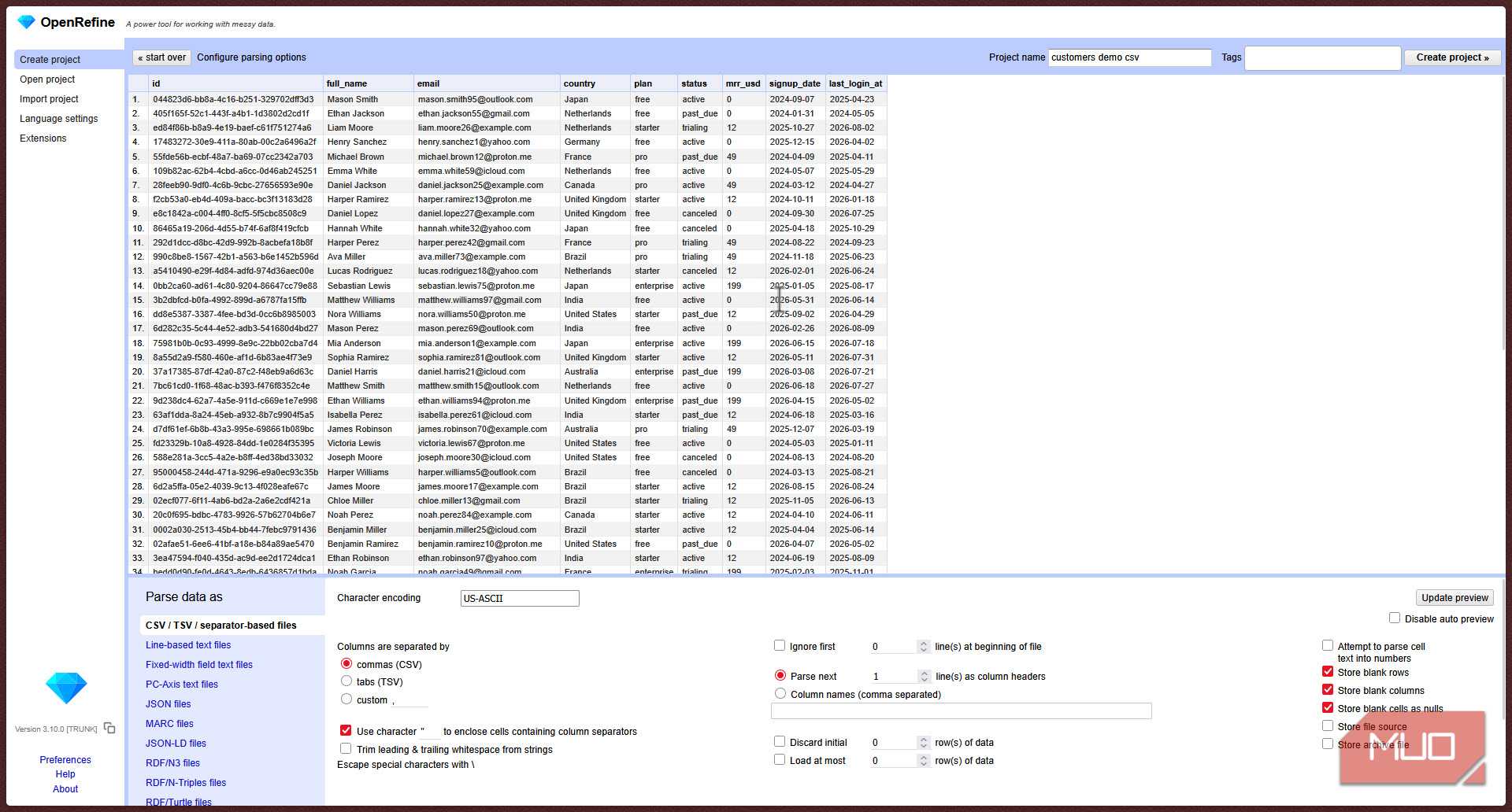 OpenRefine parsing options.