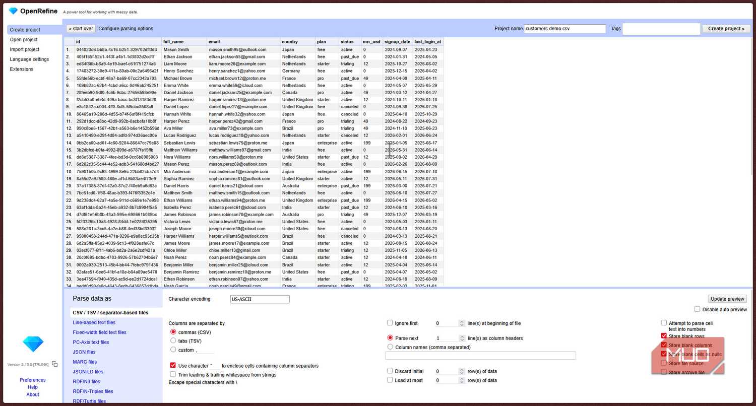 OpenRefine parsing options.