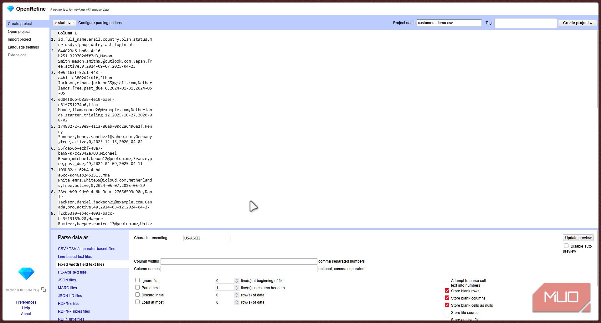 Openrefine parsing page.