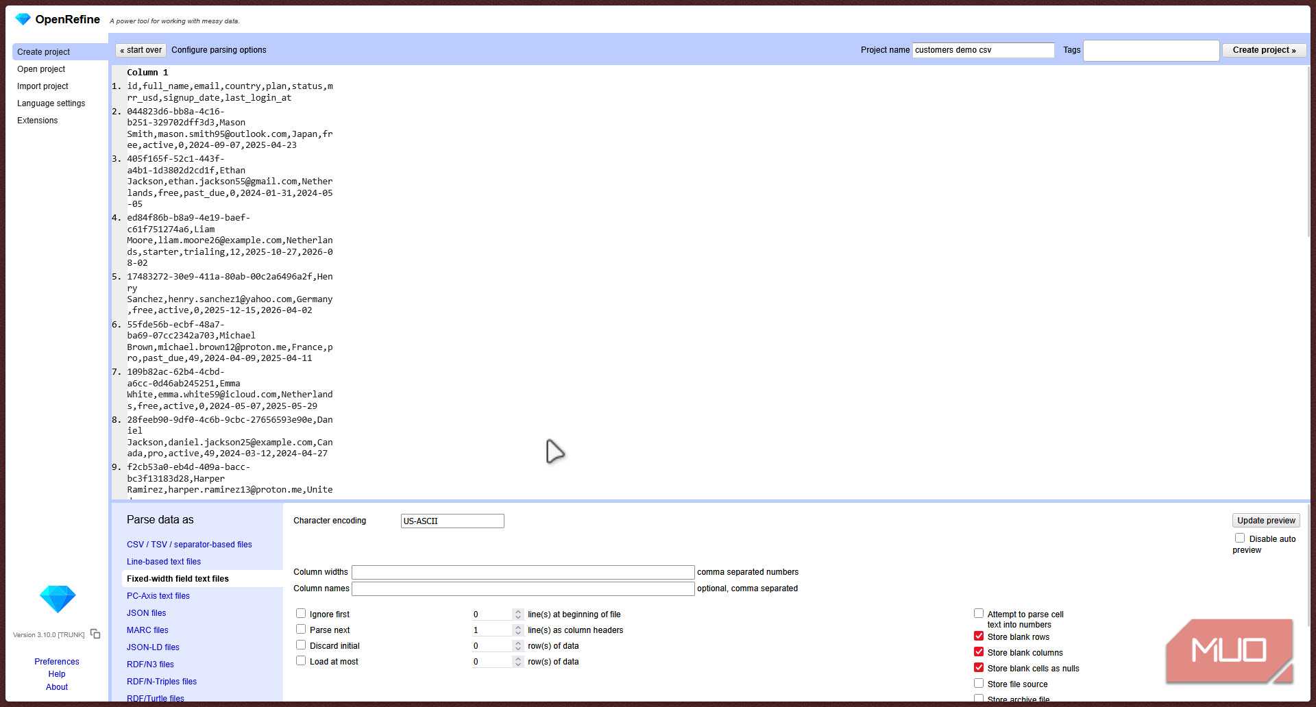 Openrefine parsing page.