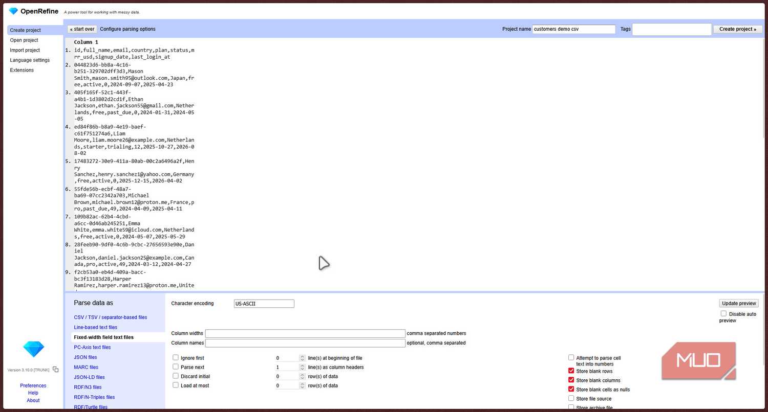Openrefine parsing page.