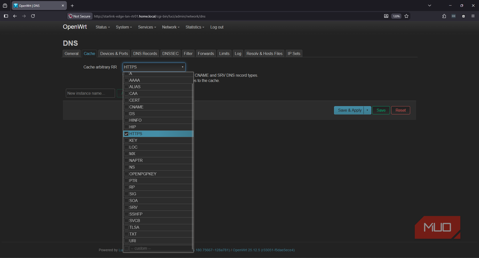 OpenWRT DNS cache arbitrary RR with HTTPS selected