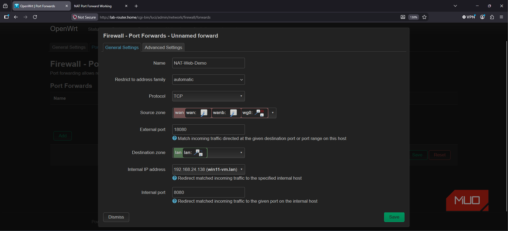 Creating the port forwarding rule source 18080 destination 8080 rule in OpenWRT