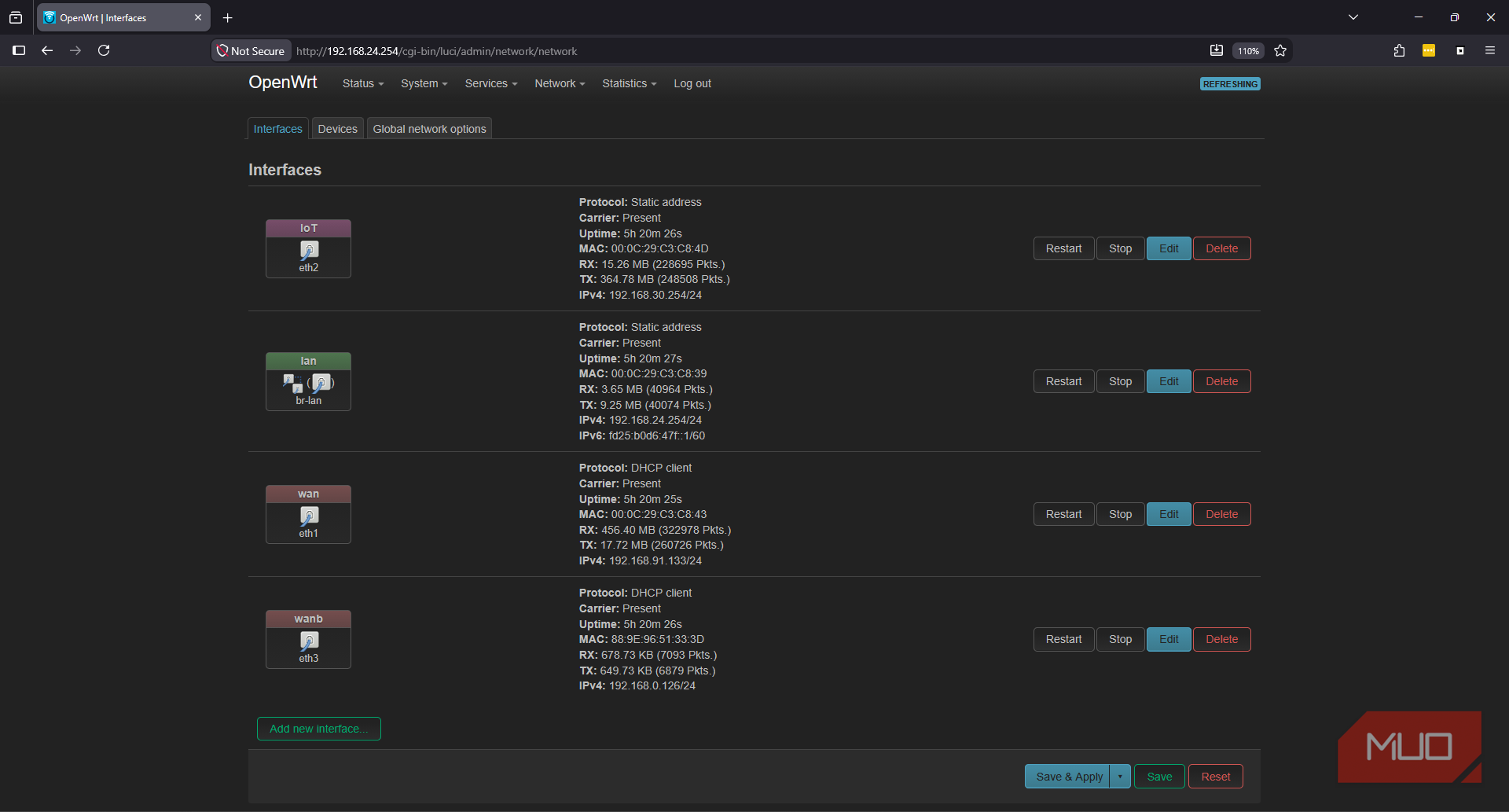OpenWRT network interface list showing BR-LAN, WAN, WANb, and IoT