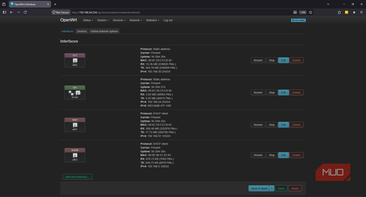 OpenWRT network interface list showing BR-LAN, WAN, WANb, and IoT