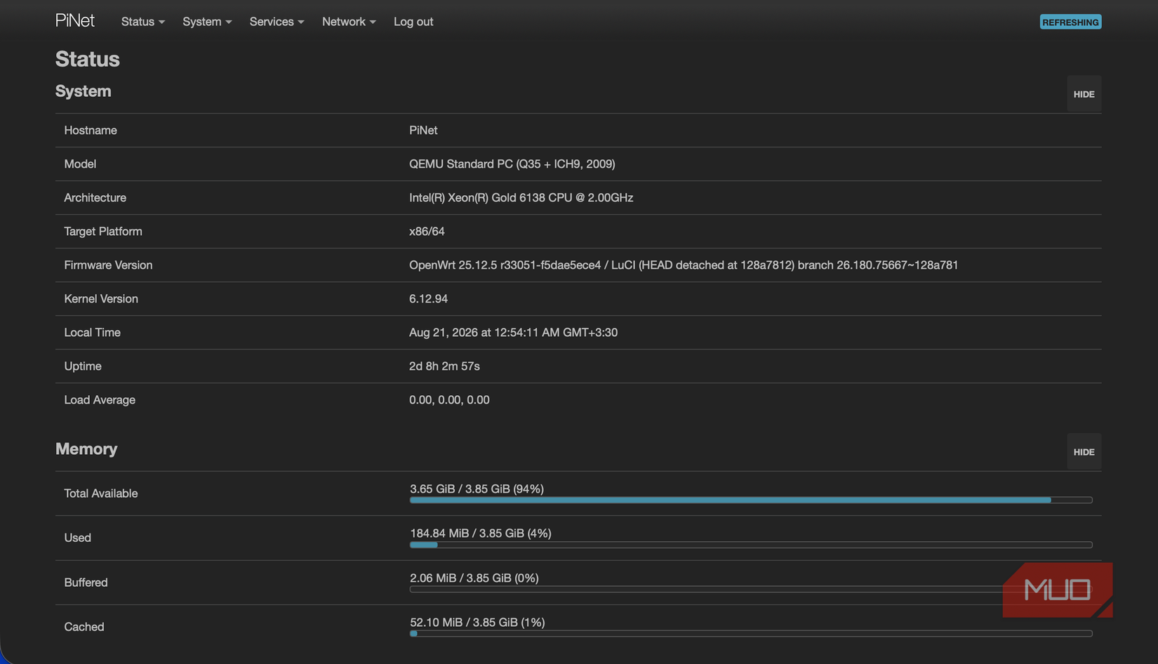 OpenWrt virtual router system status in PiNet