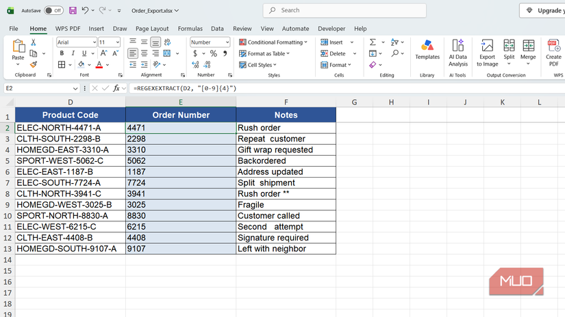 Order numbers highlighted in Excel.