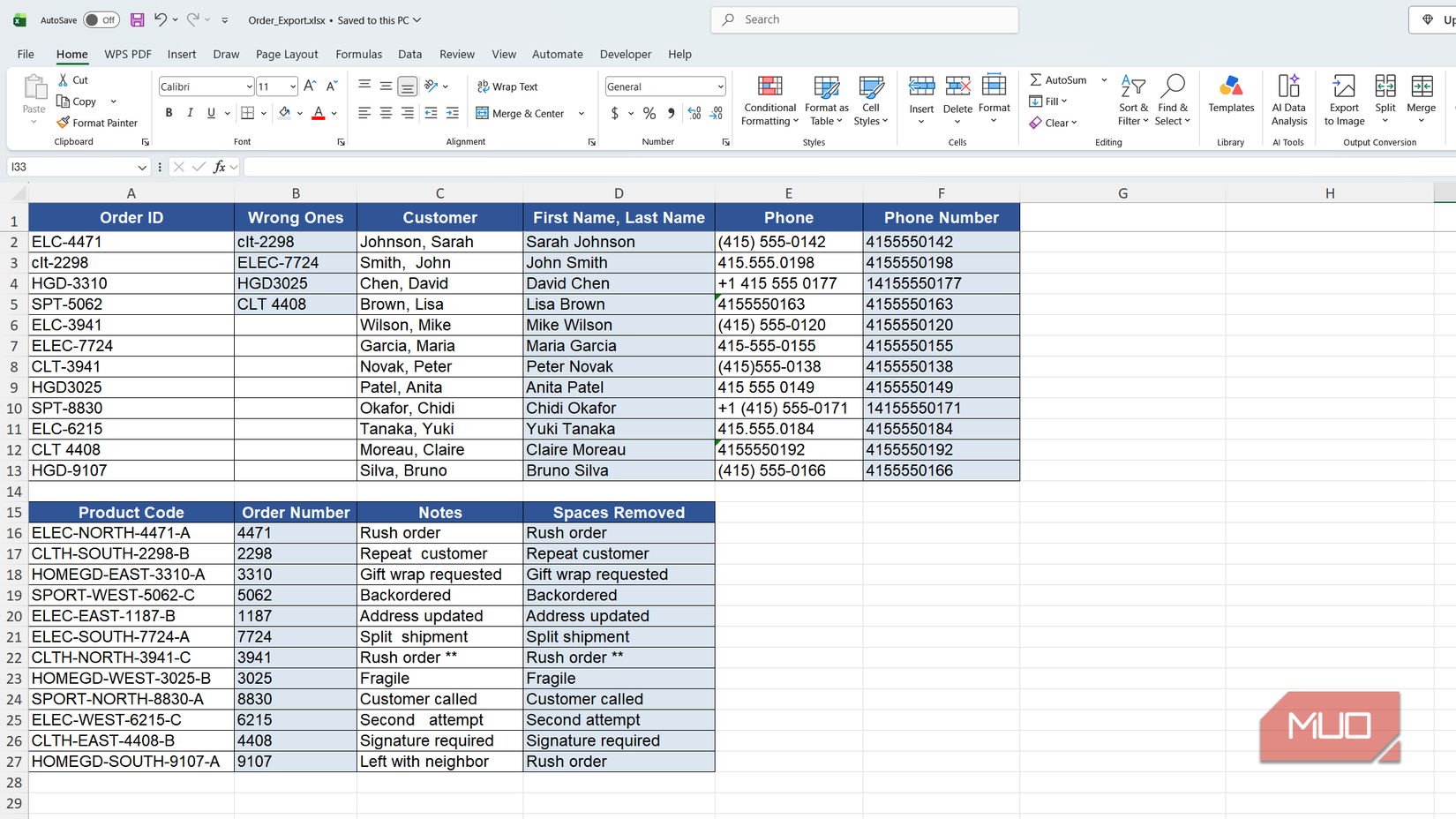Order sheet in Excel with corrections highlighted.