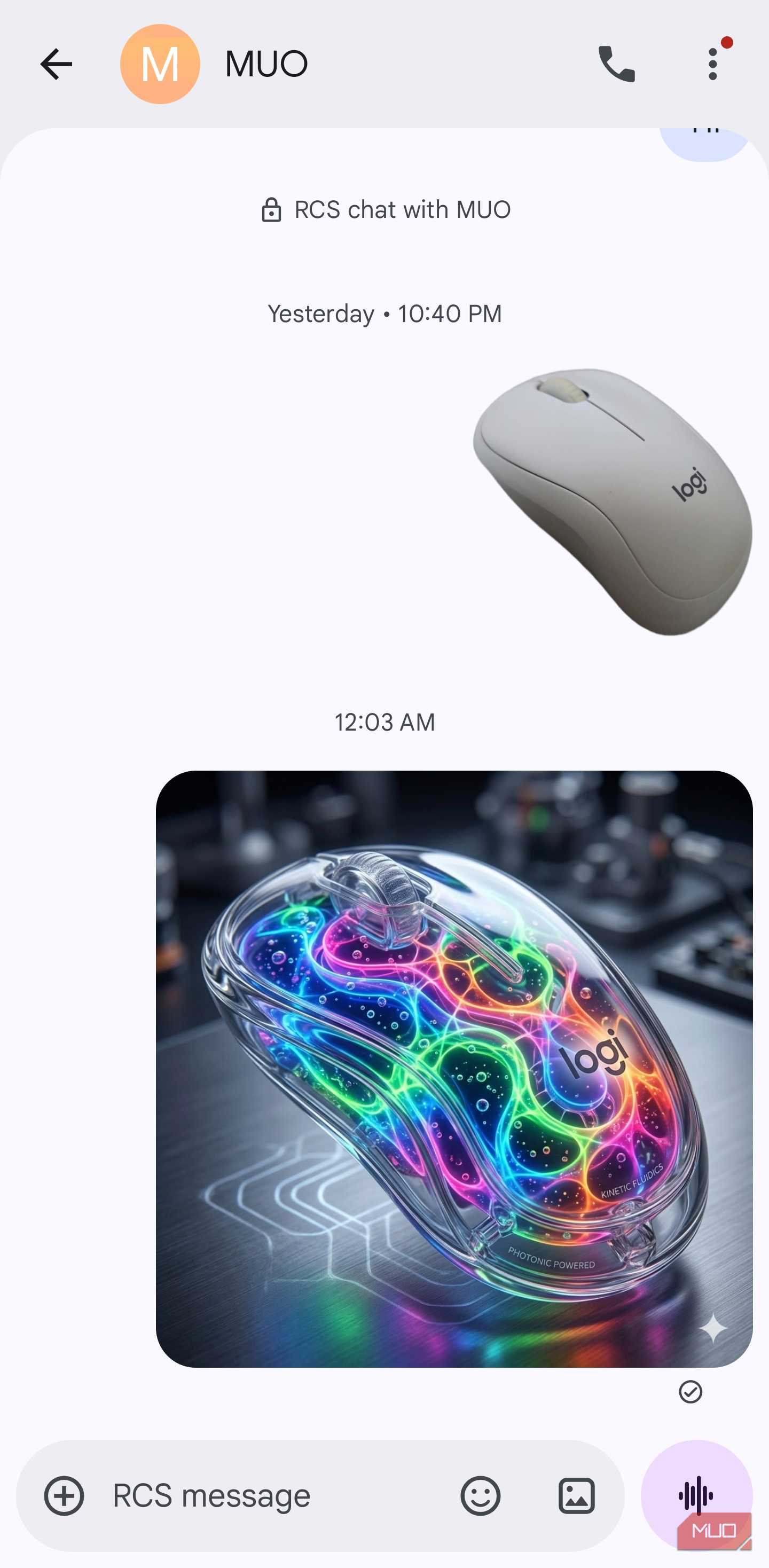 Original and AI-remixed Logitech mouse photo in Google Messages chat