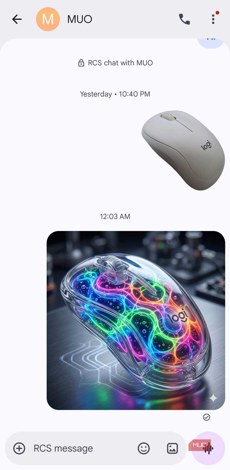 Original and AI-remixed Logitech mouse photo in Google Messages chat