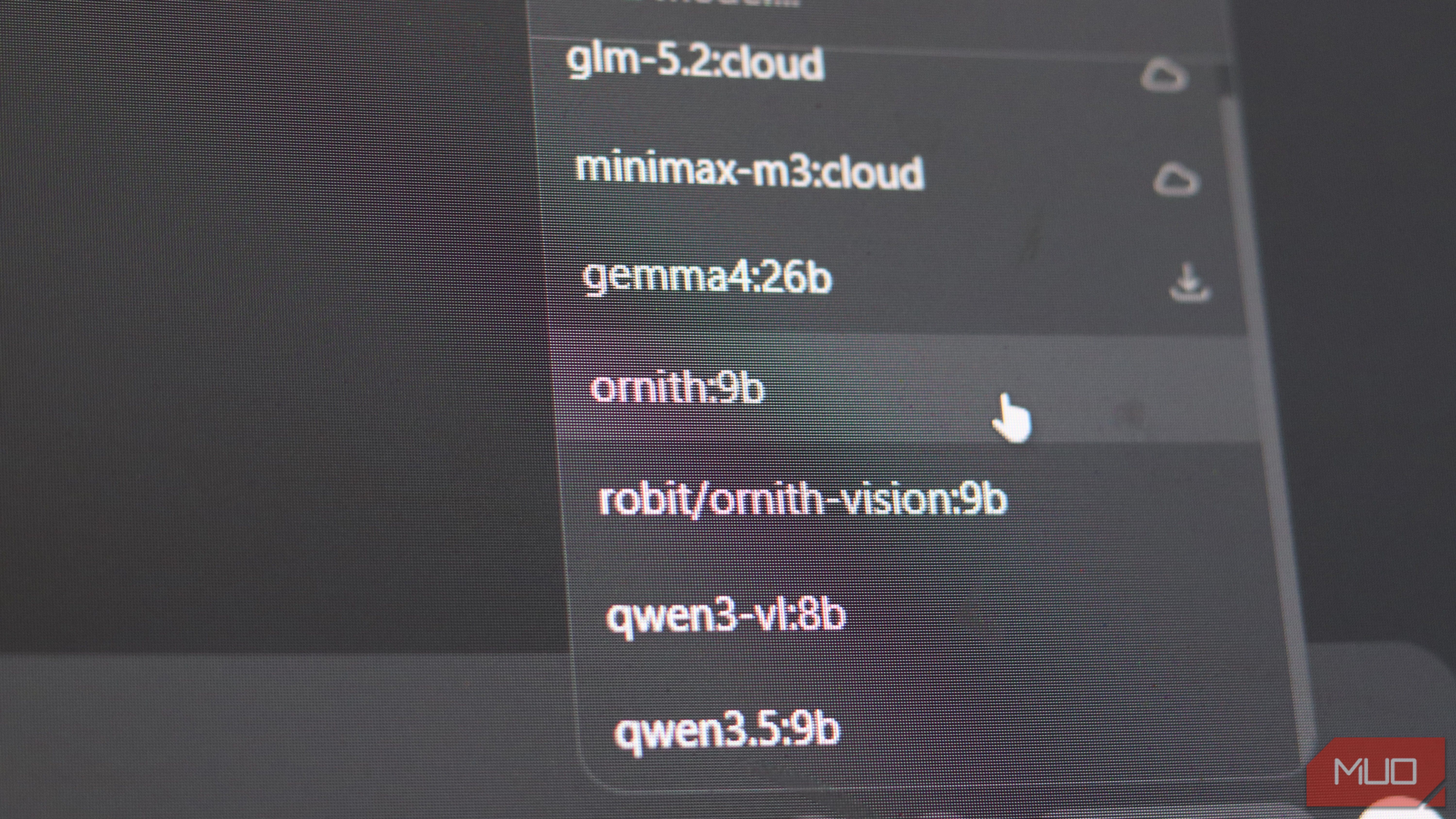 Ornith 9B in Ollama menu.