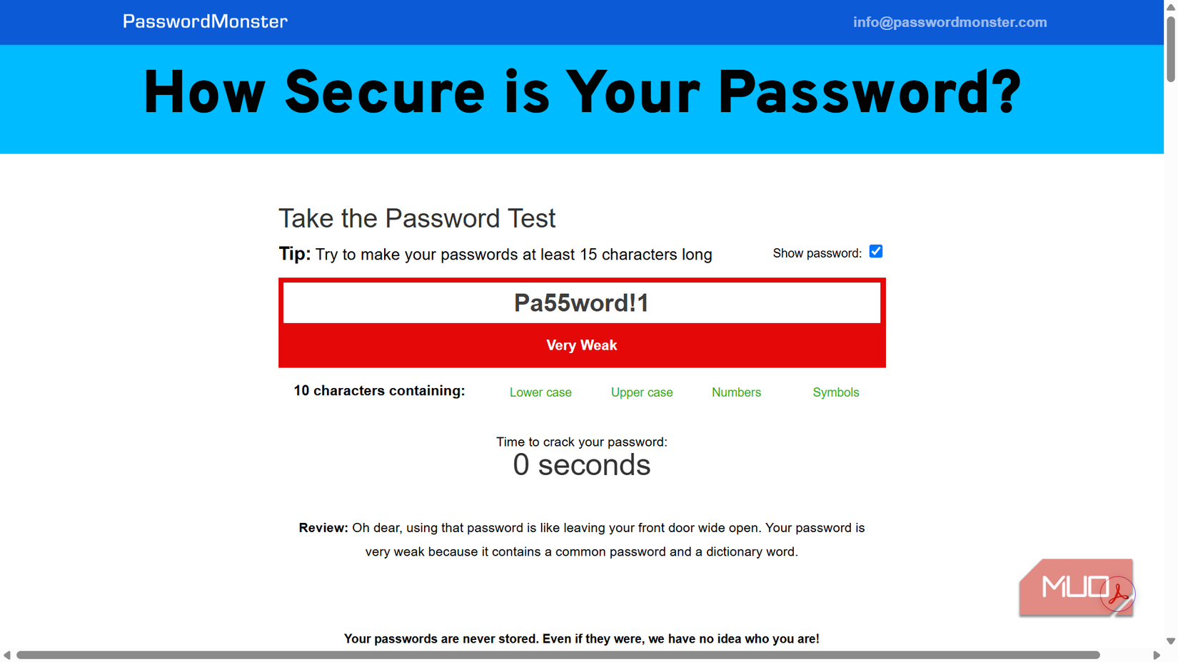 Password strength checker testing a weak password