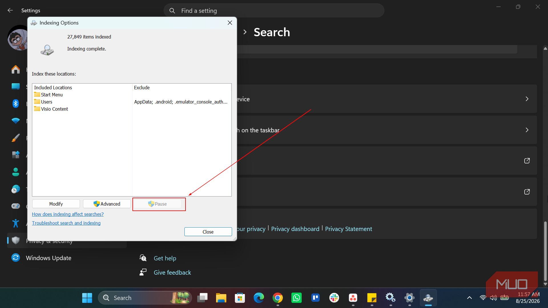 Pausing Search indexing