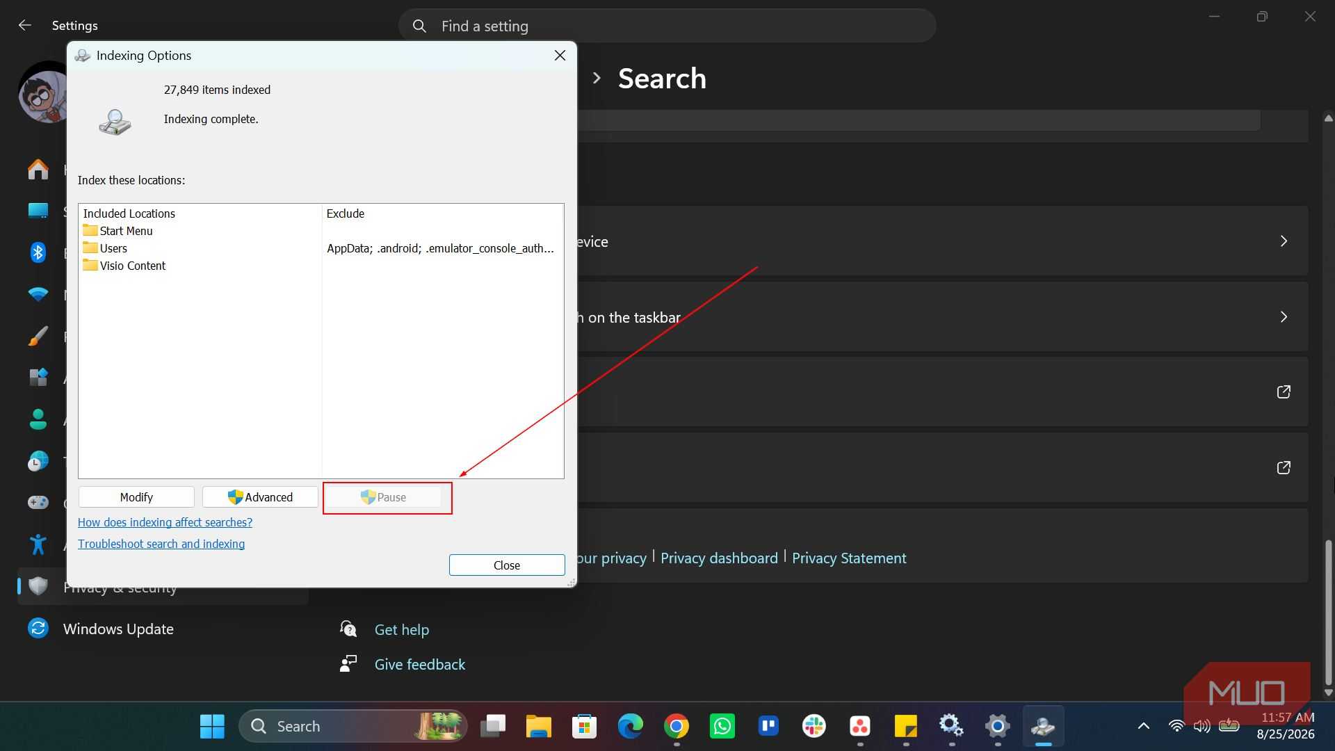 Pausing Search indexing