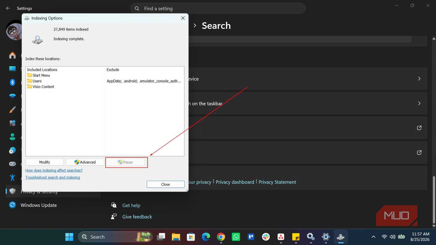 Pausing Search indexing