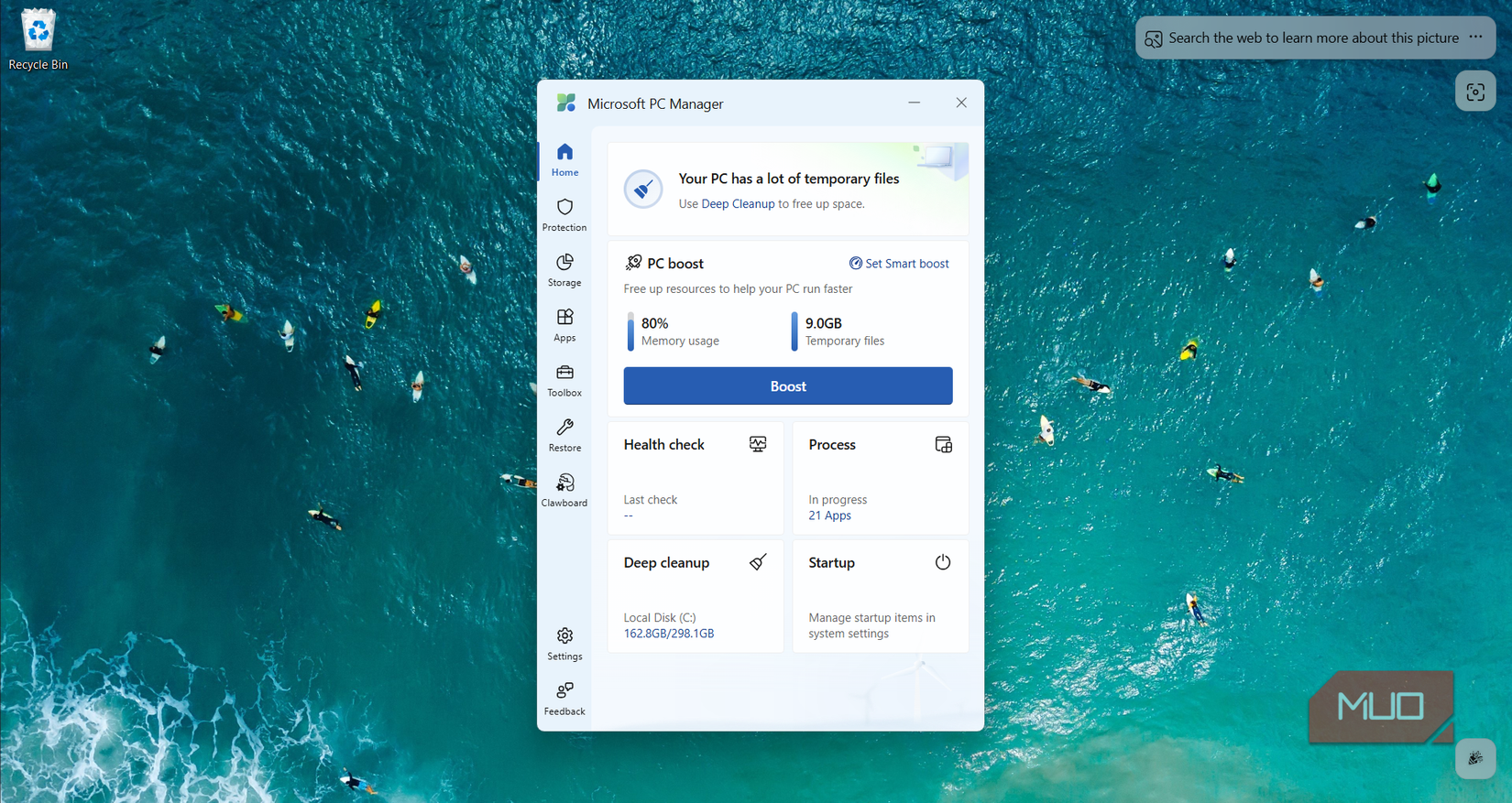 PC Manager home screen showing 80% memory and 9 GB temp files