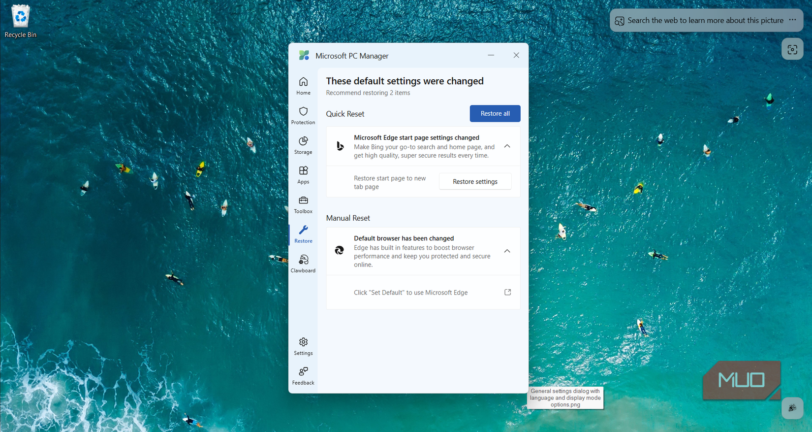PC Manager Restore tab flagging two changed default settings
