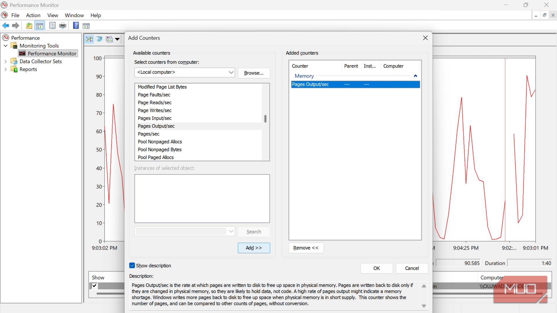 Performance monitor add counters dialog window