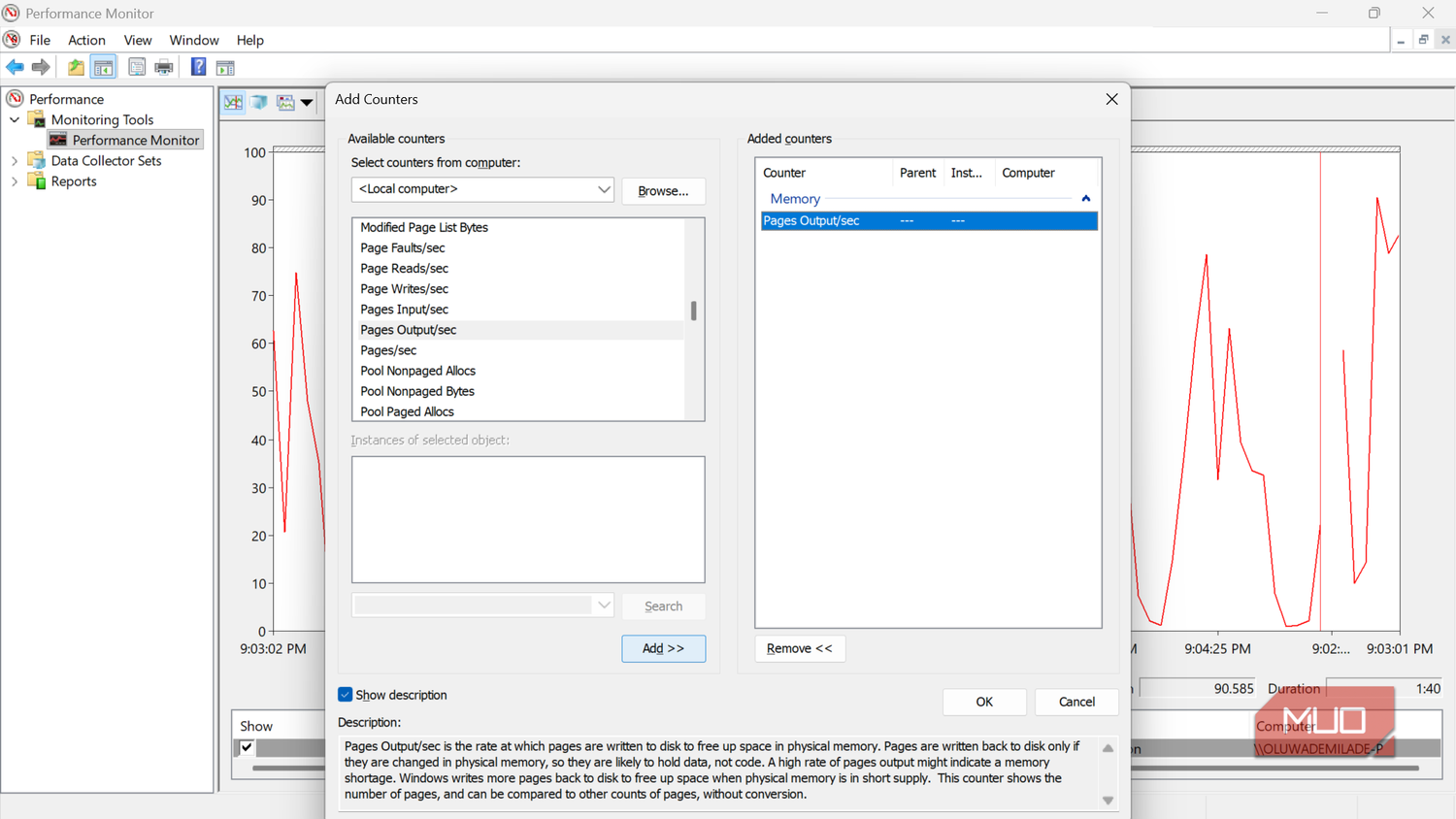 Performance monitor add counters dialog window