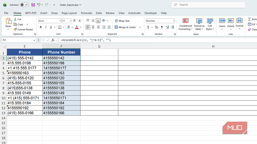 Phone numbers in correct format highlighted in Excel.
