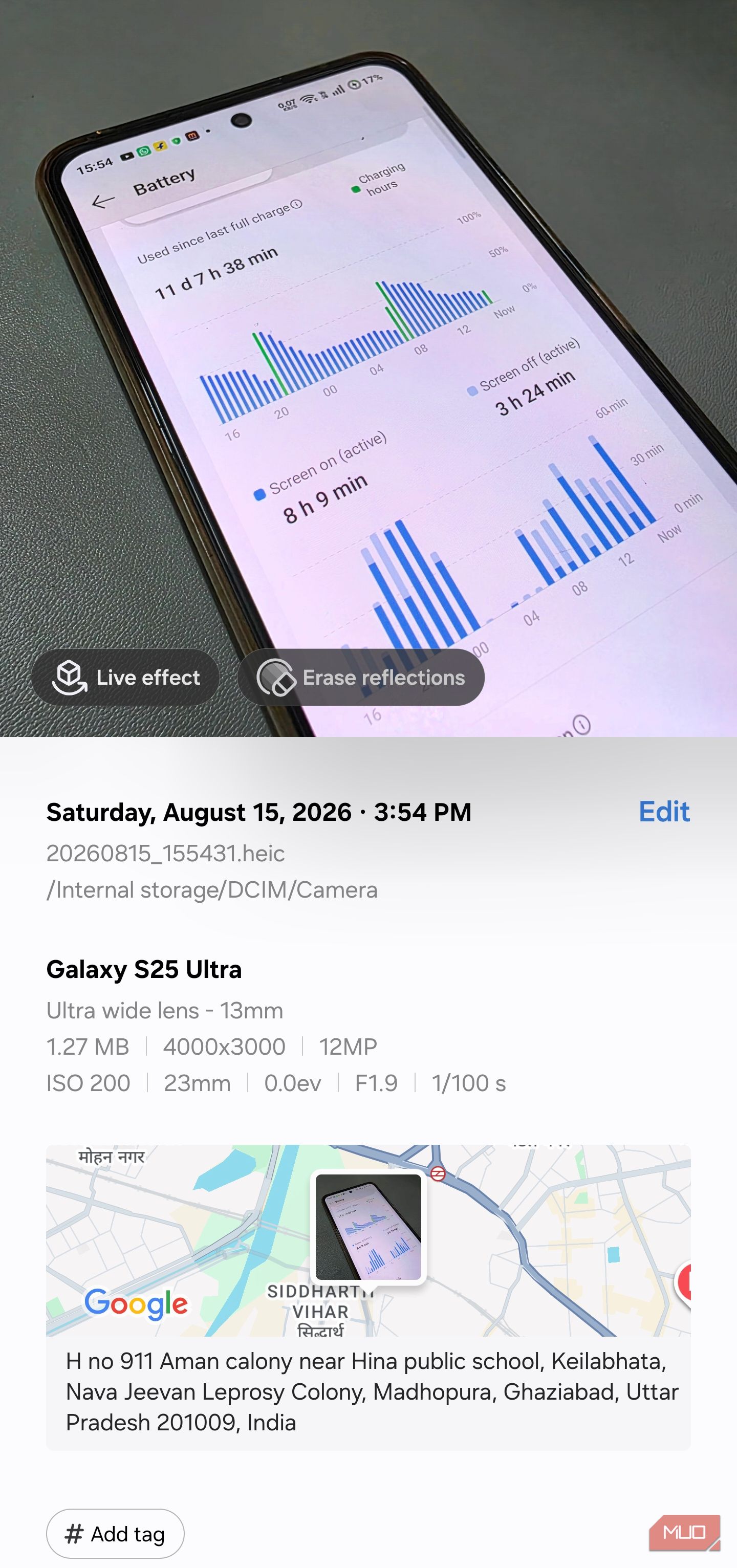 Photo details view revealing embedded date, location, and camera info