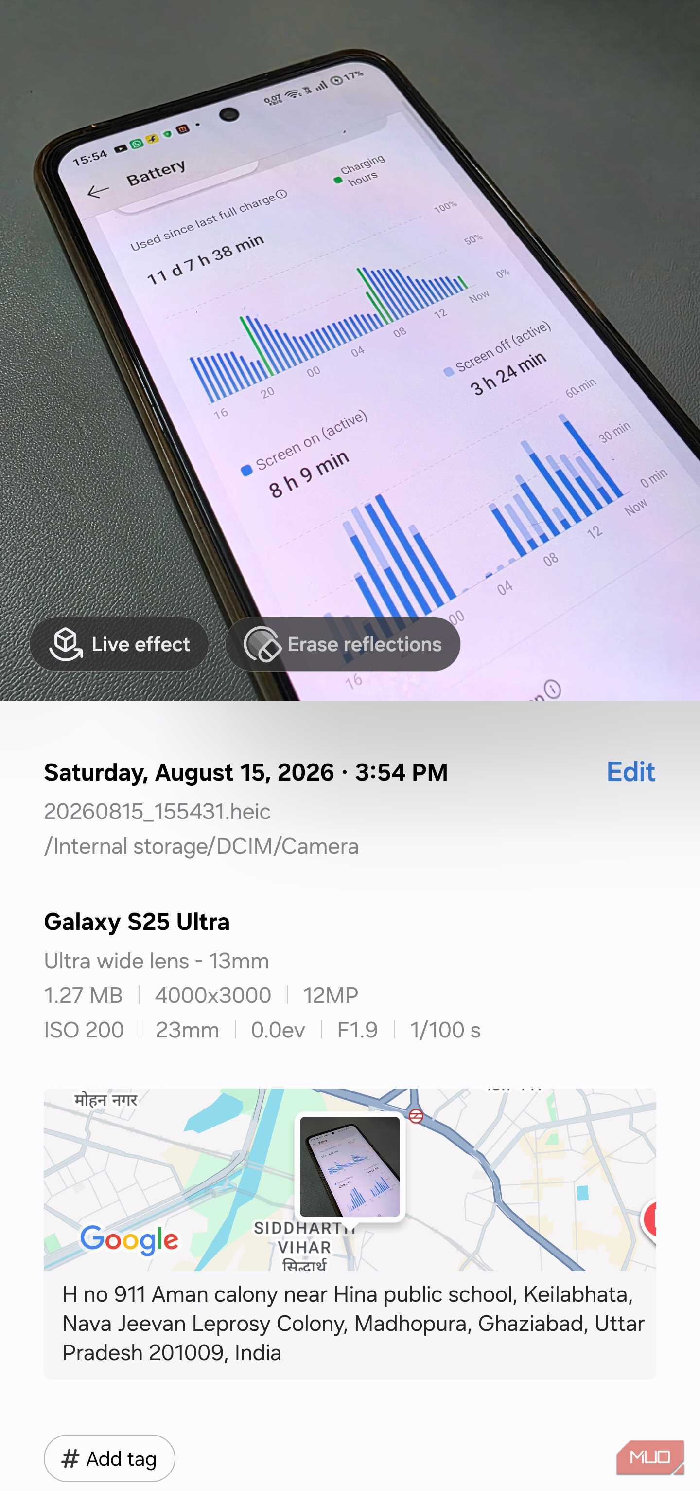 Photo details view revealing embedded date, location, and camera info