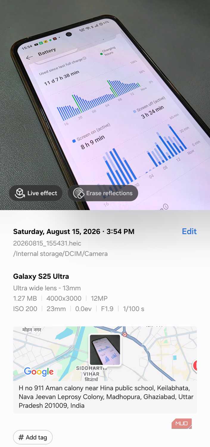 Photo details view revealing embedded date, location, and camera info