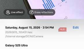 Photo details view revealing embedded date, location, and camera info