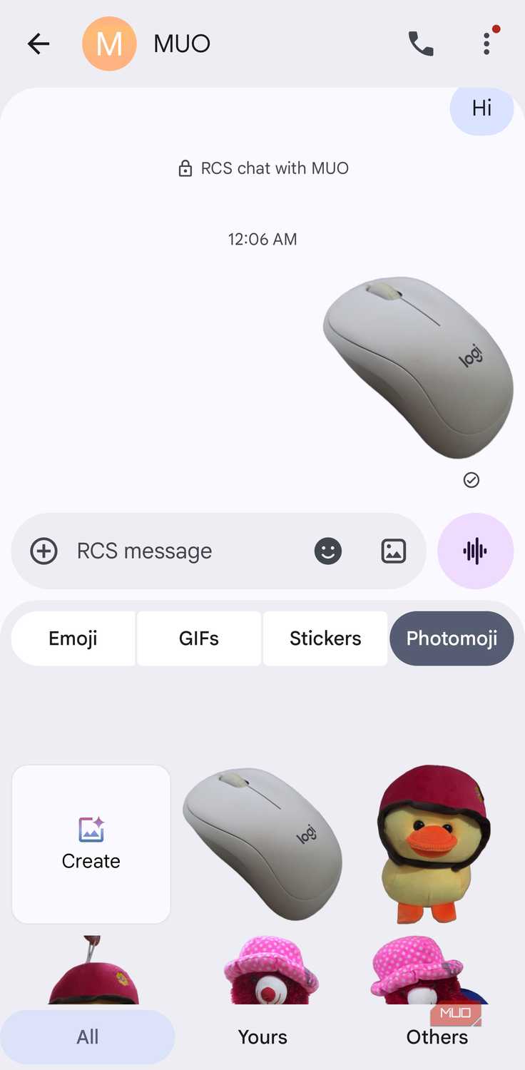 Photomoji tab open in Google Messages showing saved stickers