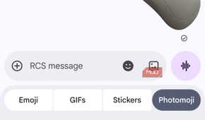 Photomoji tab open in Google Messages showing saved stickers