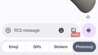 Photomoji tab open in Google Messages showing saved stickers