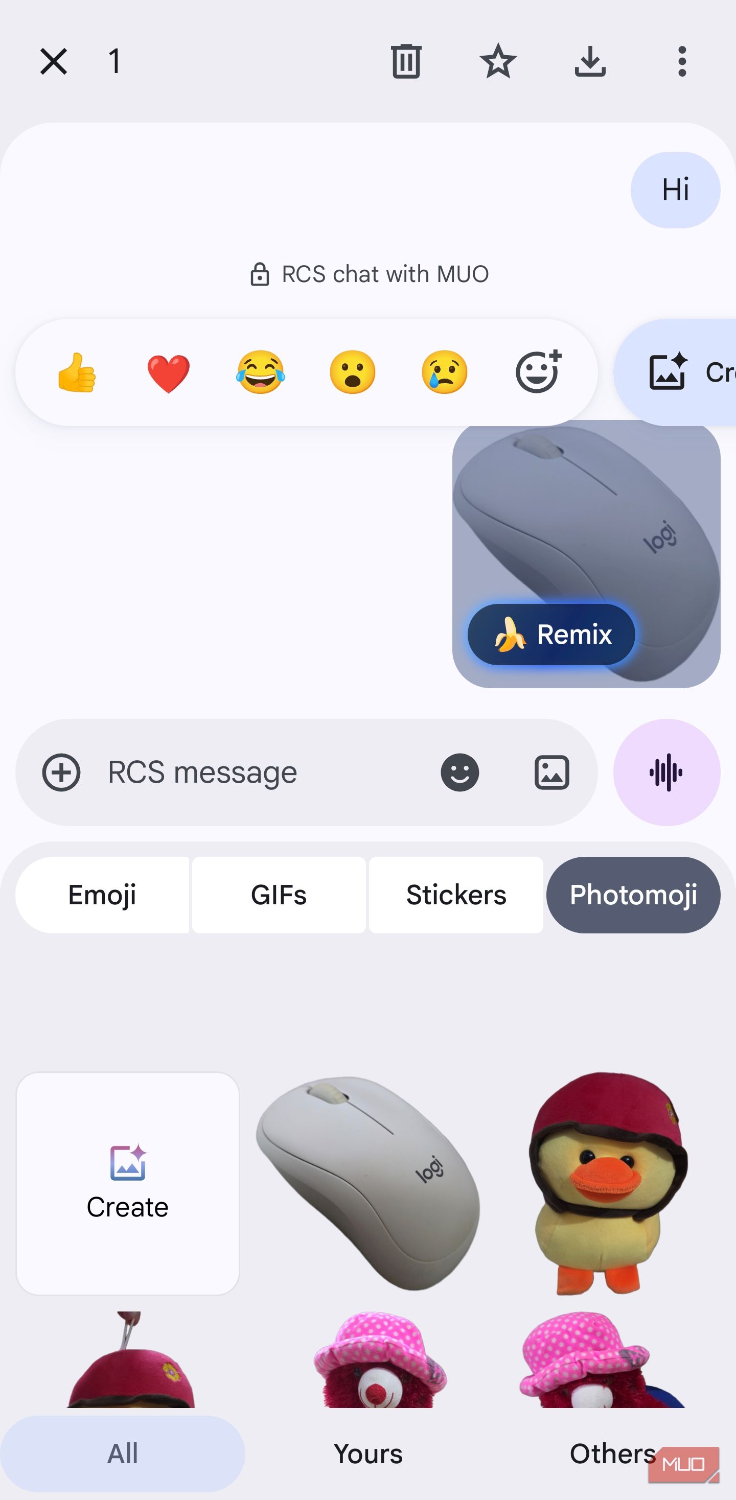Photomoji tab with Remix option on a mouse sticker