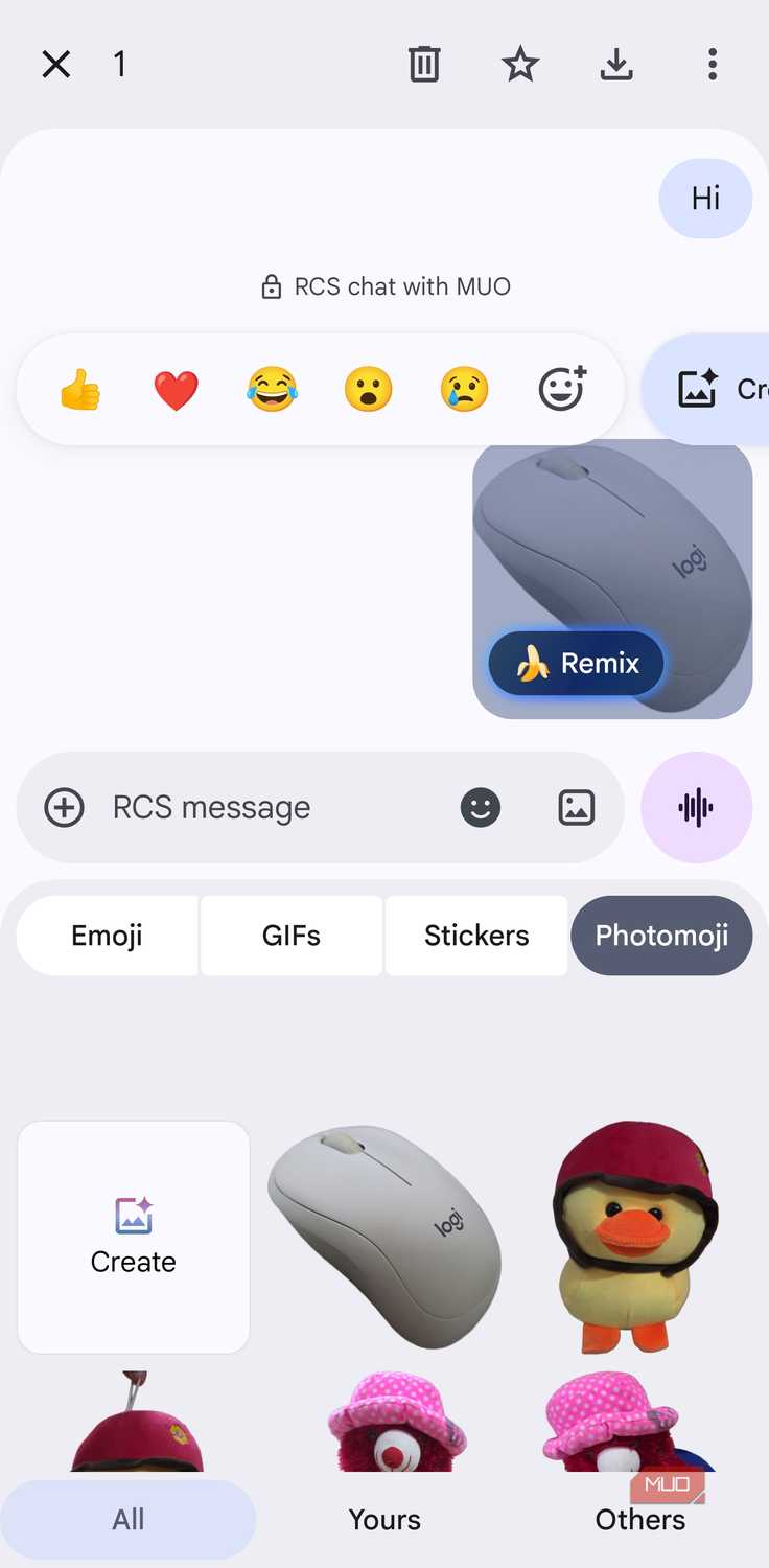 Photomoji tab with Remix option on a mouse sticker