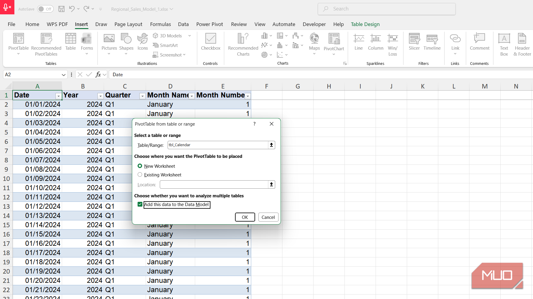 Pivot table from calendar table dialog box in Excel.