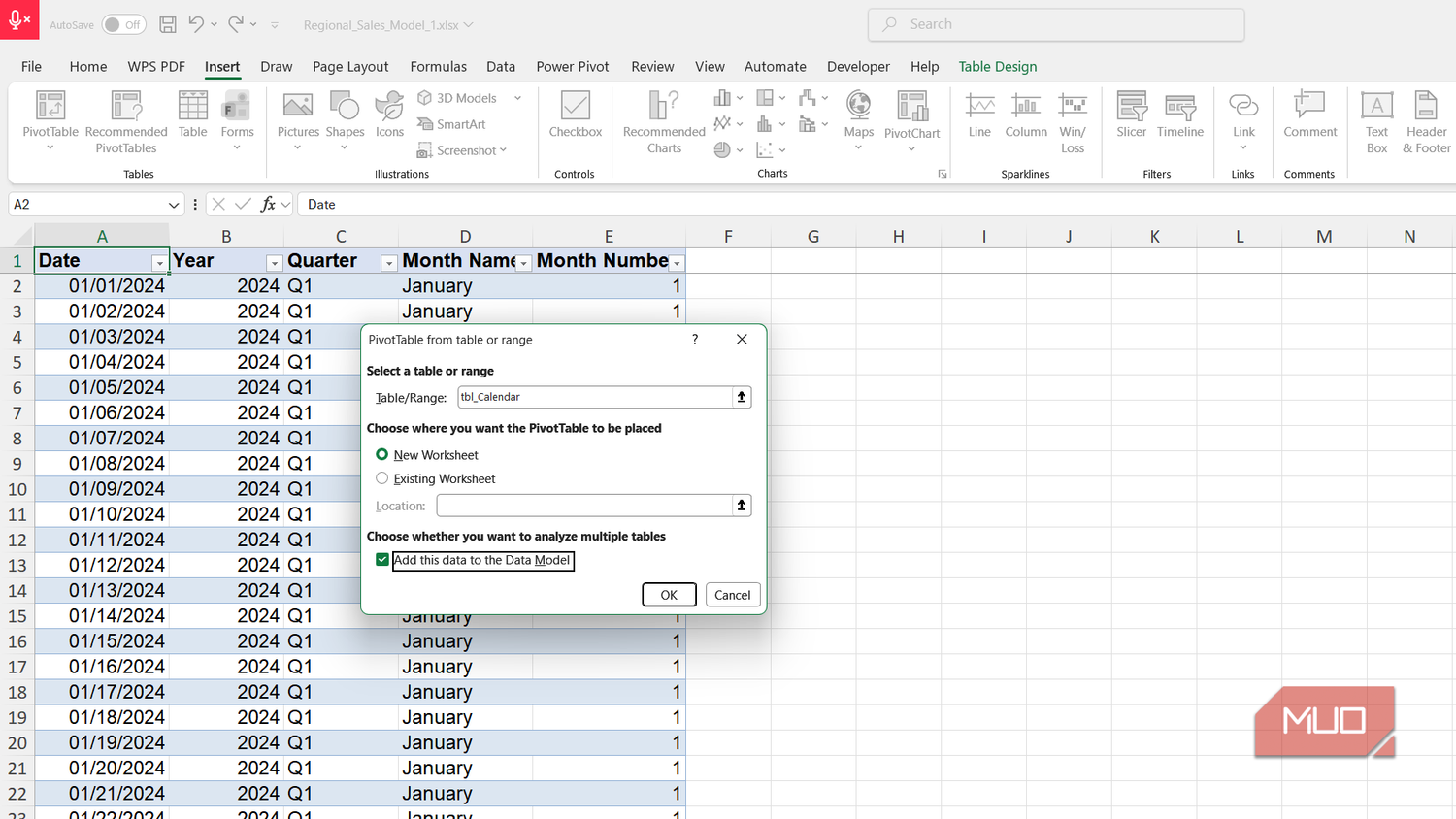 Pivot table from calendar table dialog box in Excel.