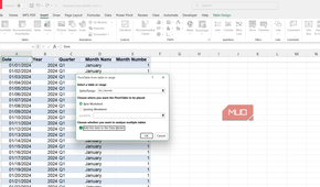 Pivot table from calendar table dialog box in Excel.