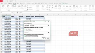 Pivot table from calendar table dialog box in Excel.